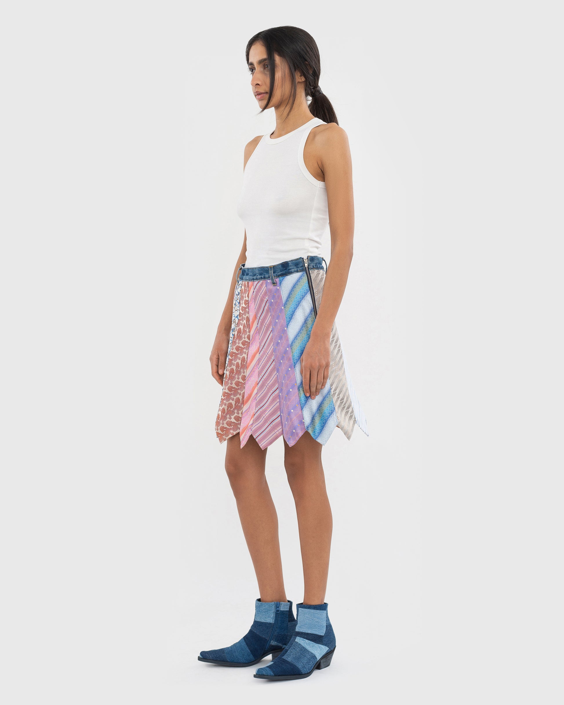 Buy Tie-Madness Skirt with Blue Denim Belt – Bottoms by Ksenia Schnaider | Ethical & Sustainable Fashion