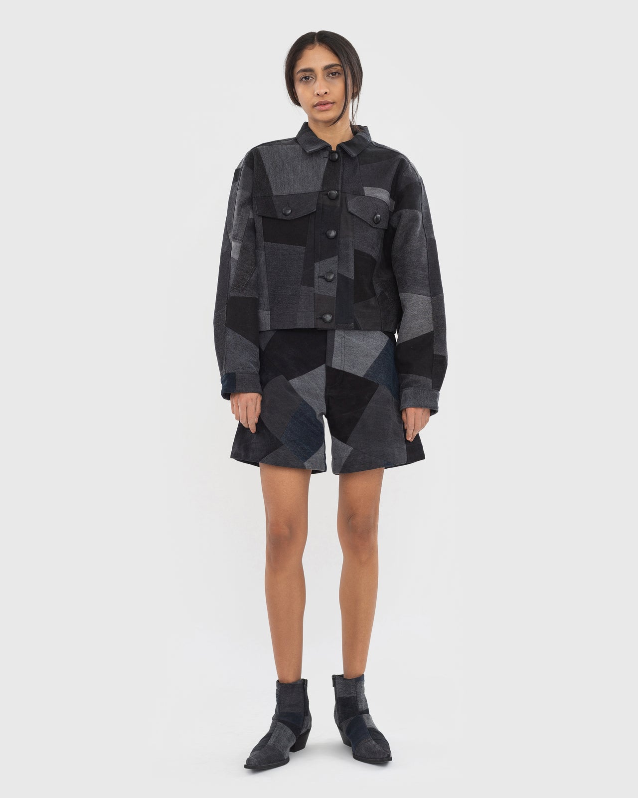 Buy Black Patchwork Jacket – Outerwear by Ksenia Schnaider | Ethical & Sustainable Fashion