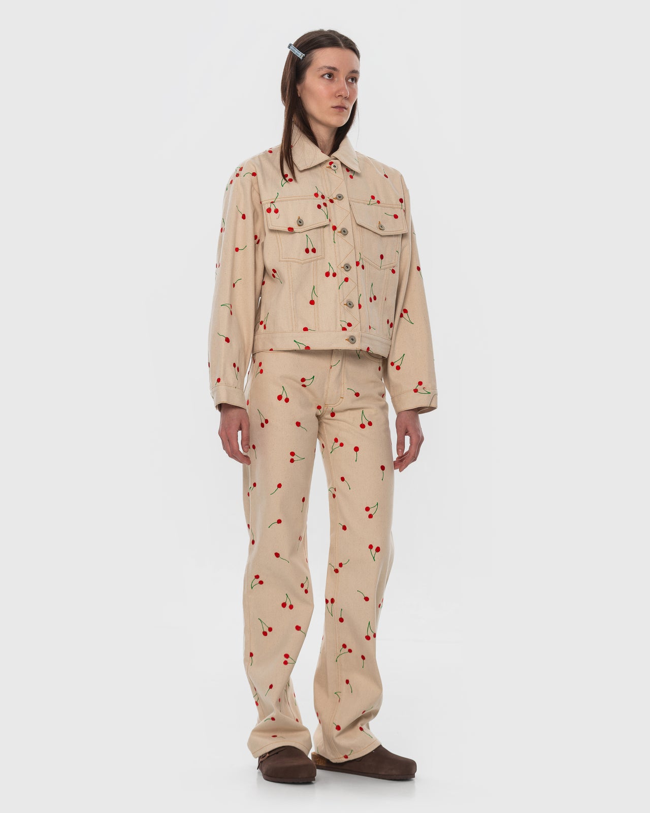 Buy Denim Jacket with Embroidered Cherries – Outerwear by Ksenia Schnaider | Ethical & Sustainable Fashion