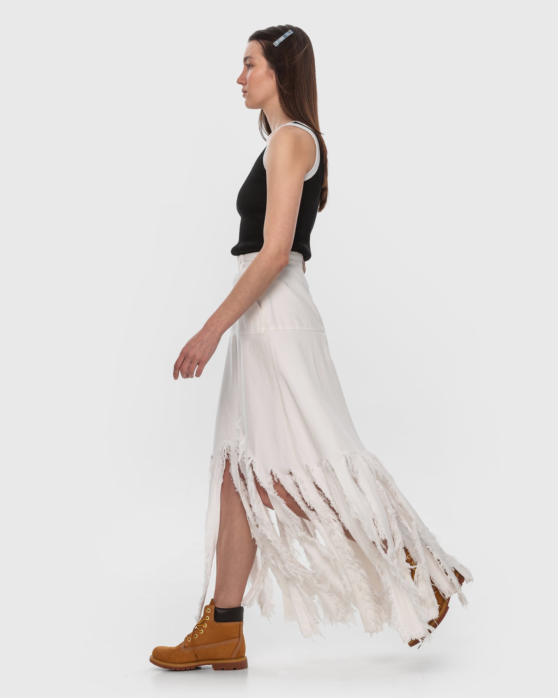 Buy Feathered Hem Denim Skirt – Bottoms by Ksenia Schnaider | Ethical & Sustainable Fashion