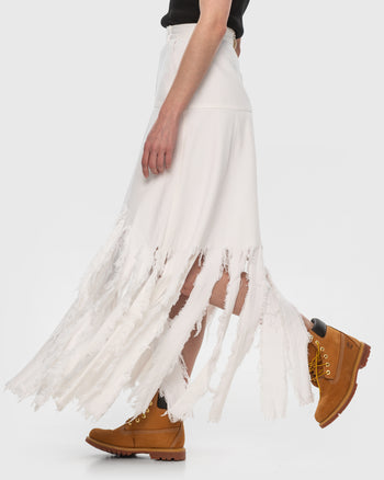 Buy Feathered Hem Denim Skirt – Bottoms by Ksenia Schnaider | Ethical & Sustainable Fashion