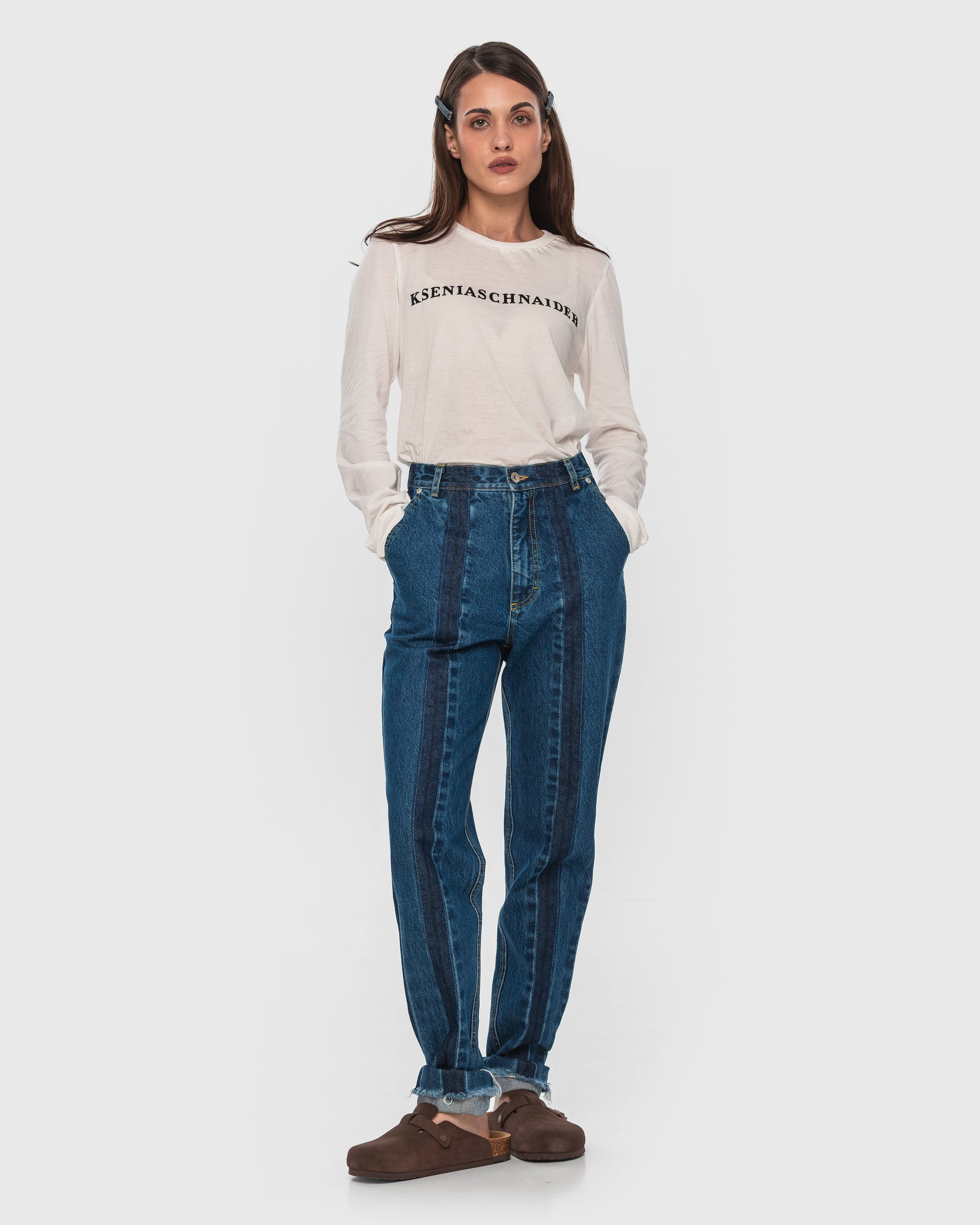 Buy Jeans with Contrast Stripes – Bottoms by Ksenia Schnaider | Ethical & Sustainable Fashion