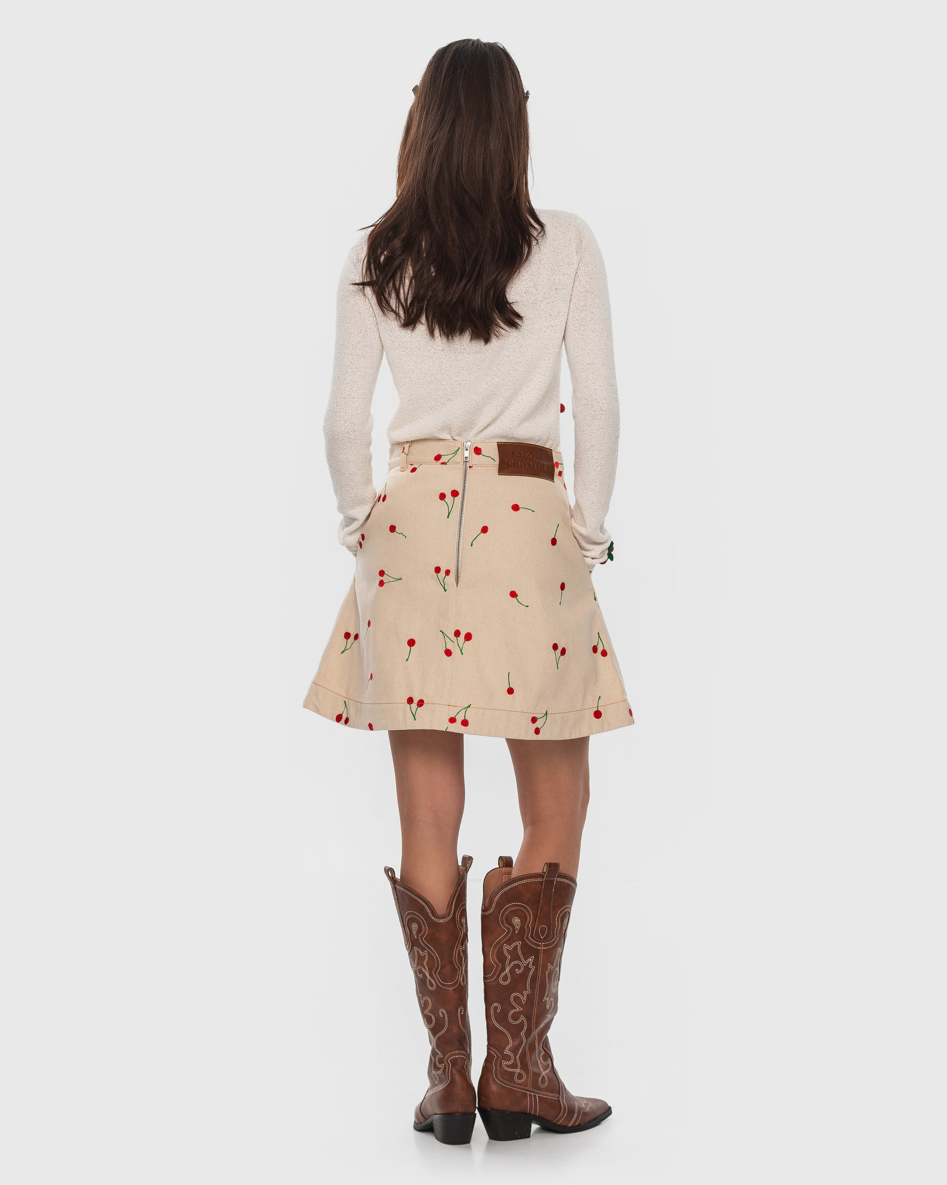 Buy Denim Skirt with Embroidered Cherries – Bottoms by Ksenia Schnaider | Ethical & Sustainable Fashion