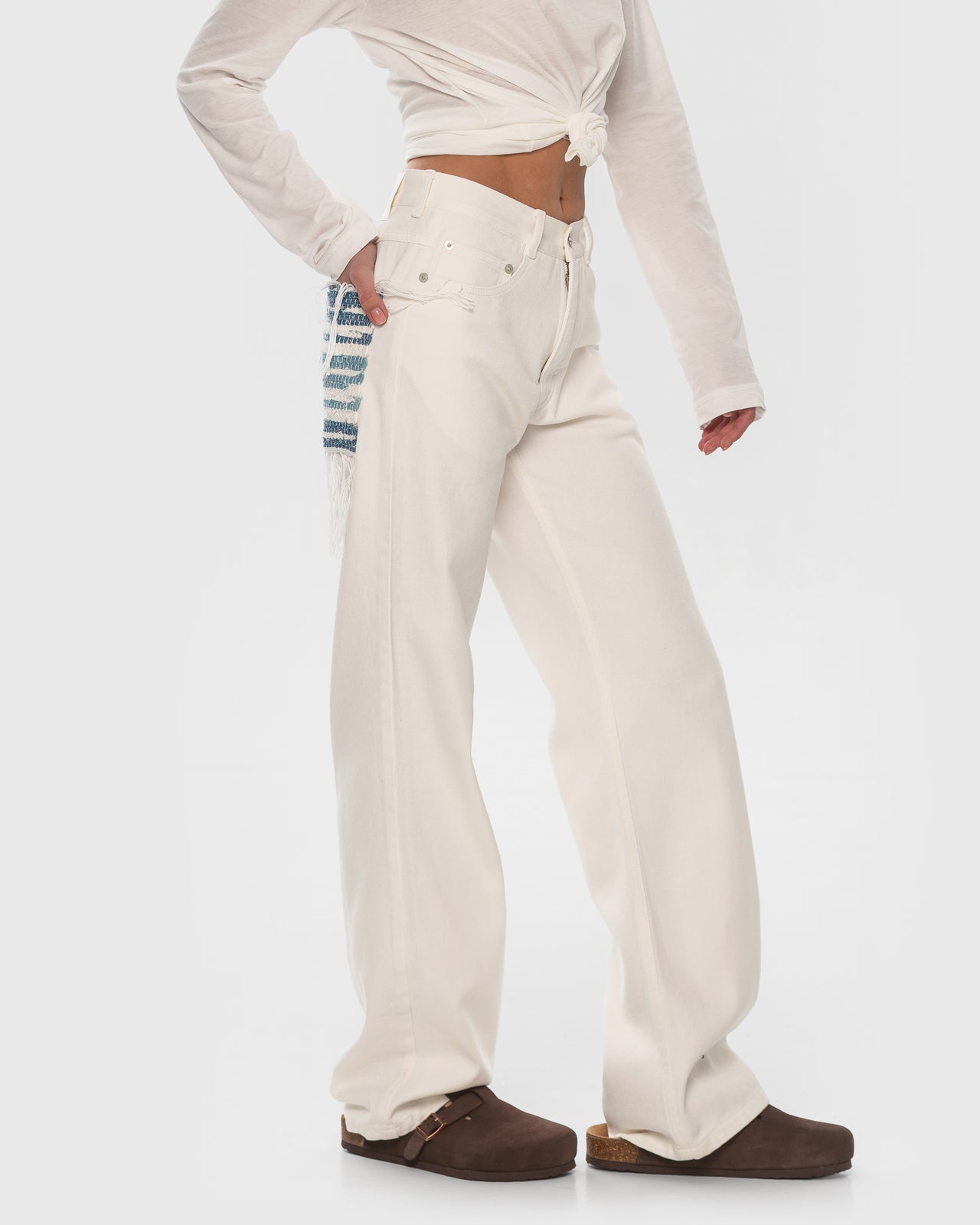 Buy Jeans with Denim Rug Detail – Bottoms by Ksenia Schnaider | Ethical & Sustainable Fashion