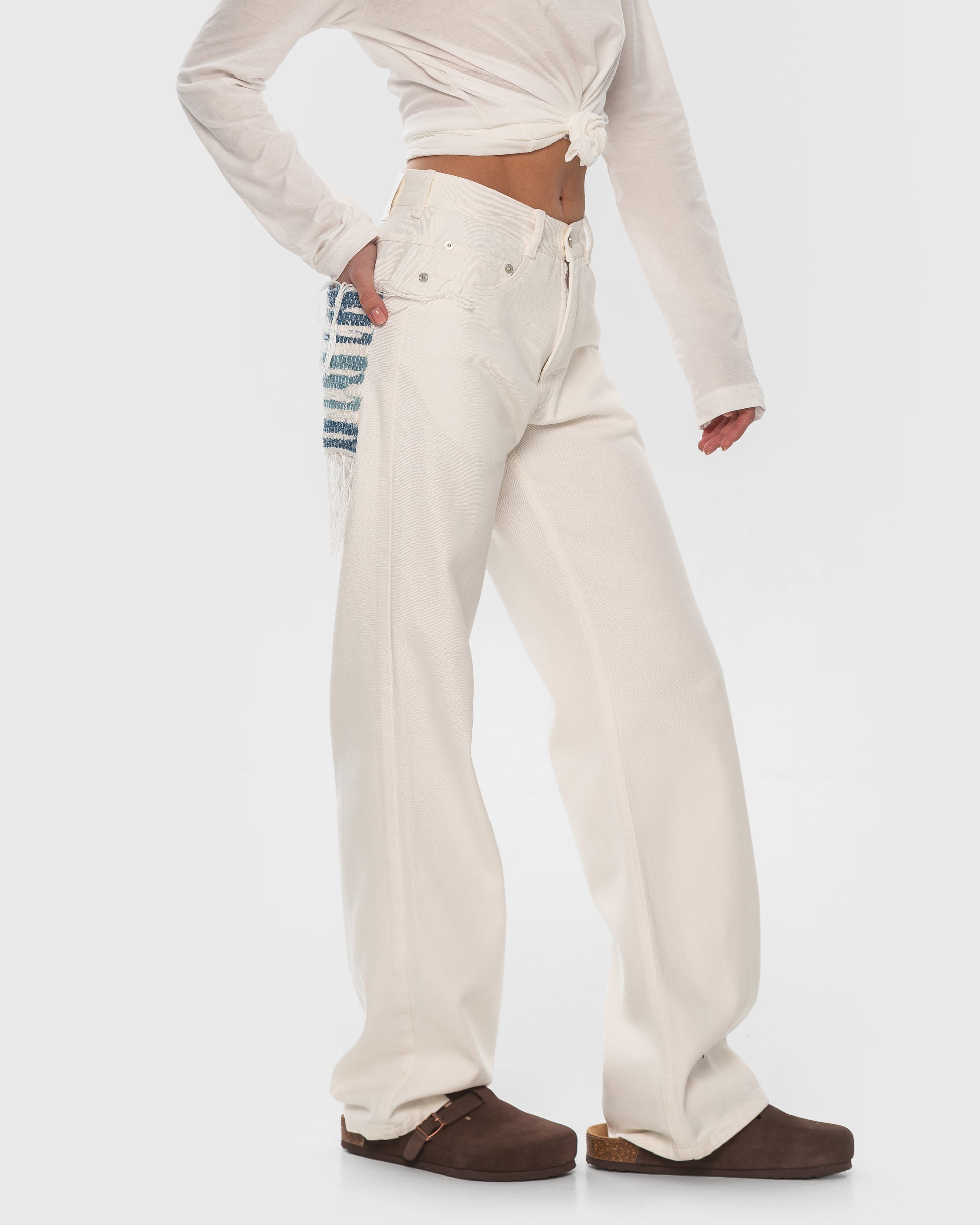 Buy Jeans with Denim Rug Detail – Bottoms by Ksenia Schnaider | Ethical & Sustainable Fashion