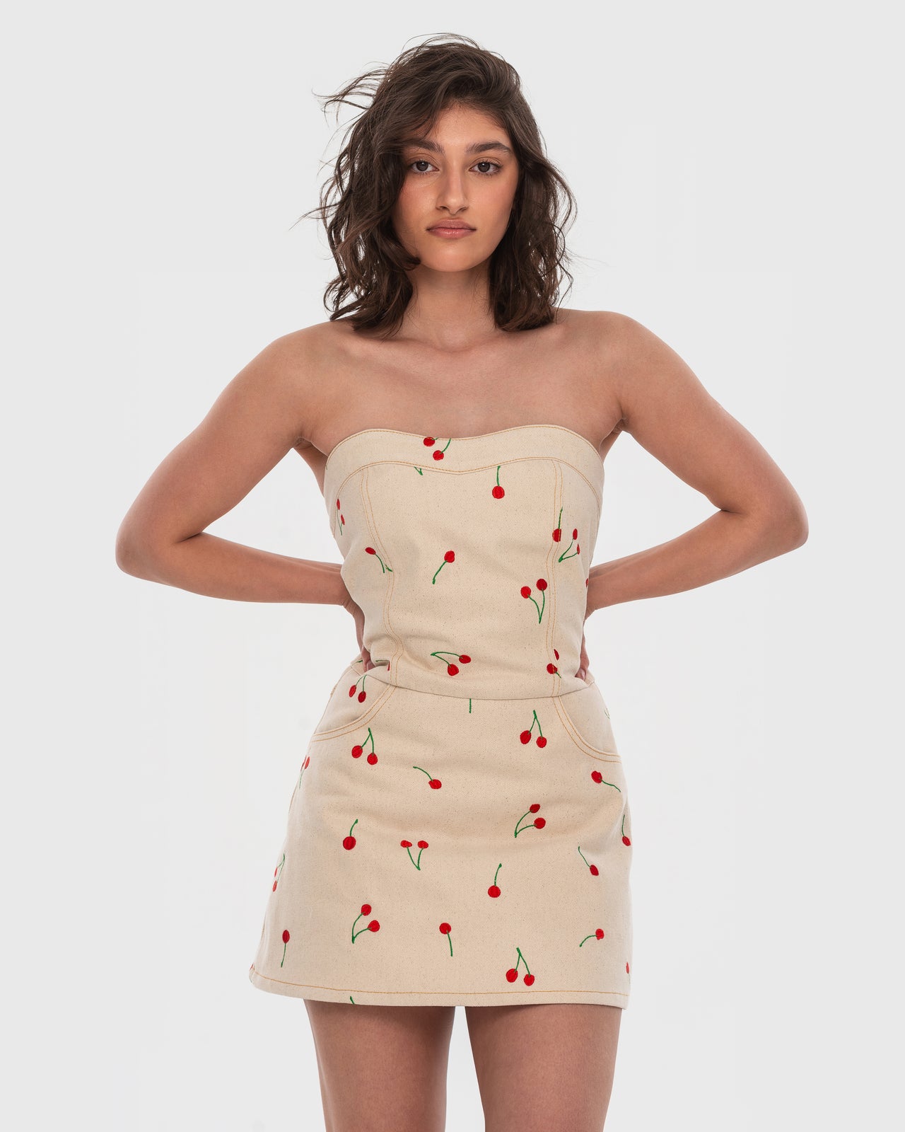 Buy Denim Shortall with Embroidered Cherries – Dresses by Ksenia Schnaider | Ethical & Sustainable Fashion