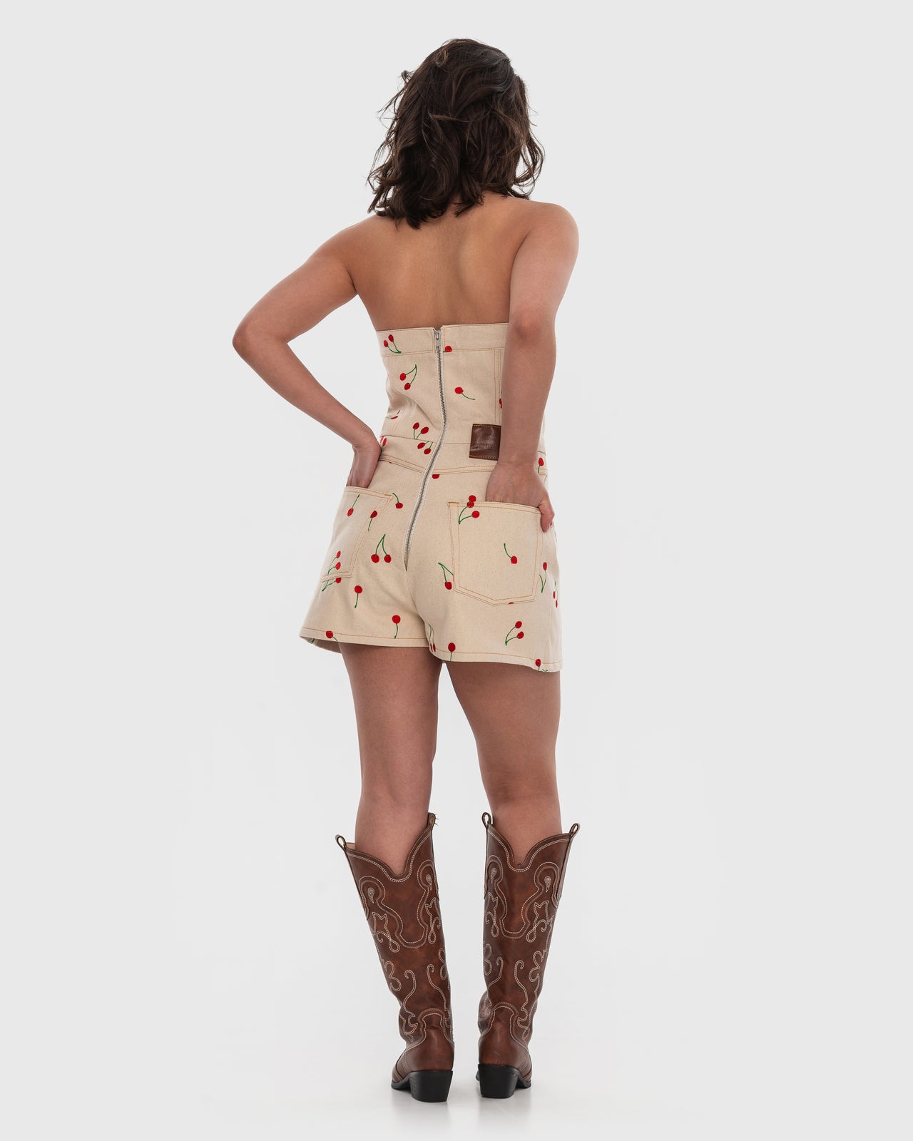 Buy Denim Shortall with Embroidered Cherries – Dresses by Ksenia Schnaider | Ethical & Sustainable Fashion