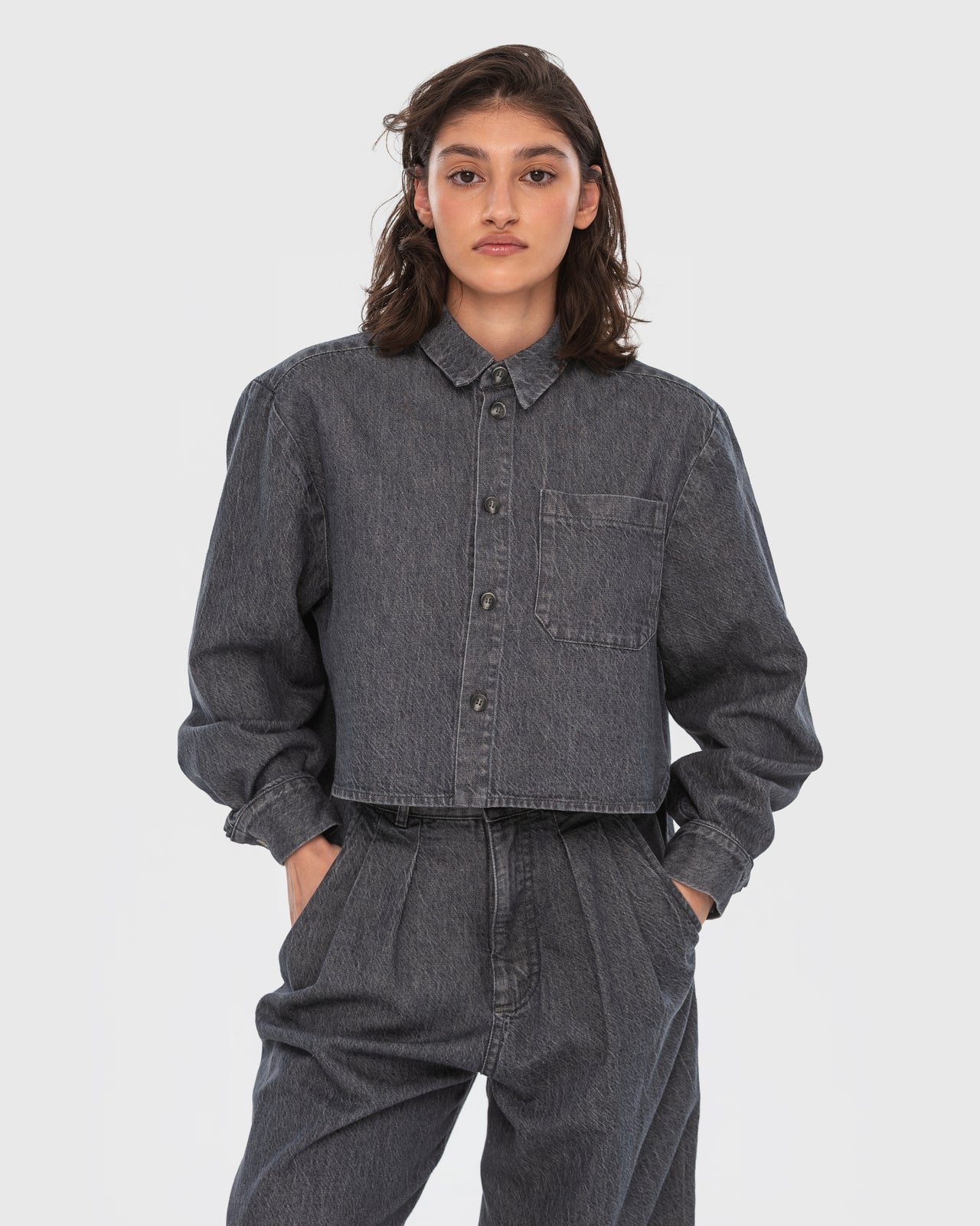 Buy Hemp Cropped Denim Shirt – Tops by Ksenia Schnaider | Ethical & Sustainable Fashion