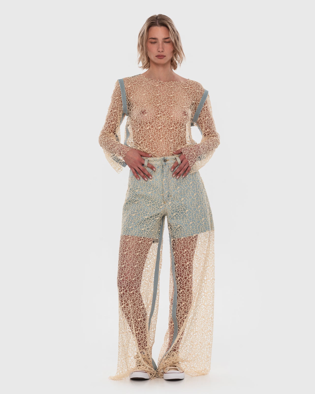 Buy Moss Crochet Blouse with Denim Stitching – Tops by Ksenia Schnaider | Ethical & Sustainable Fashion