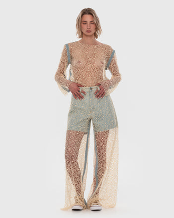 Buy Moss Crochet Blouse with Denim Stitching – Tops by Ksenia Schnaider | Ethical & Sustainable Fashion