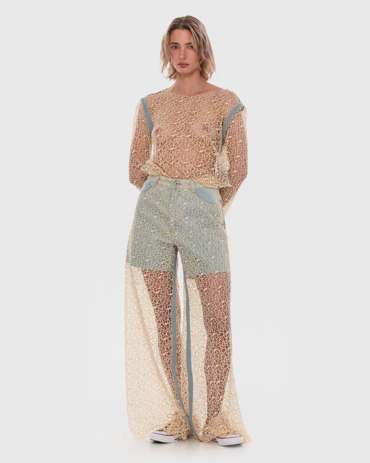 Buy Moss Crochet Blouse with Denim Stitching – Tops by Ksenia Schnaider | Ethical & Sustainable Fashion