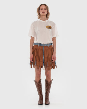 Buy Fringed Suede Denim Skirt – Bottoms by Ksenia Schnaider | Ethical & Sustainable Fashion