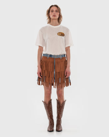 Buy Fringed Suede Denim Skirt – Bottoms by Ksenia Schnaider | Ethical & Sustainable Fashion
