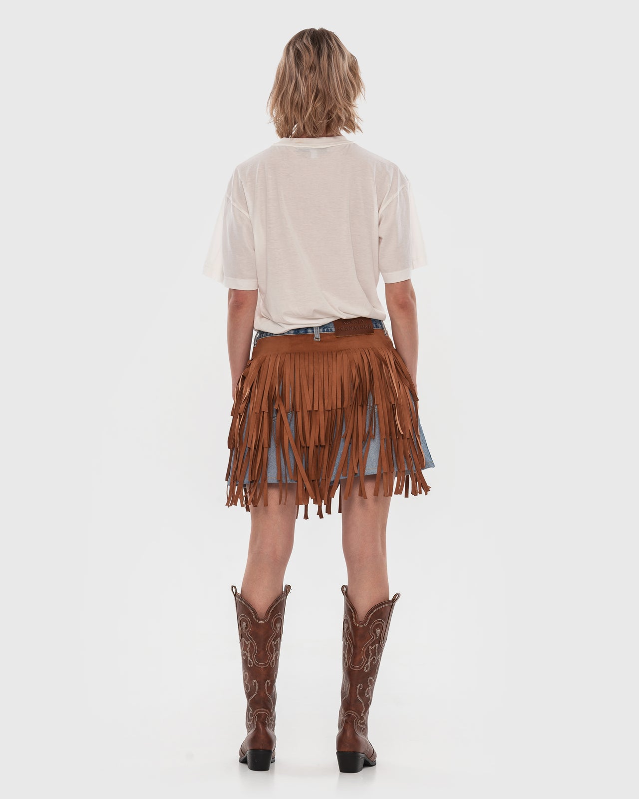 Buy Fringed Suede Denim Skirt – Bottoms by Ksenia Schnaider | Ethical & Sustainable Fashion