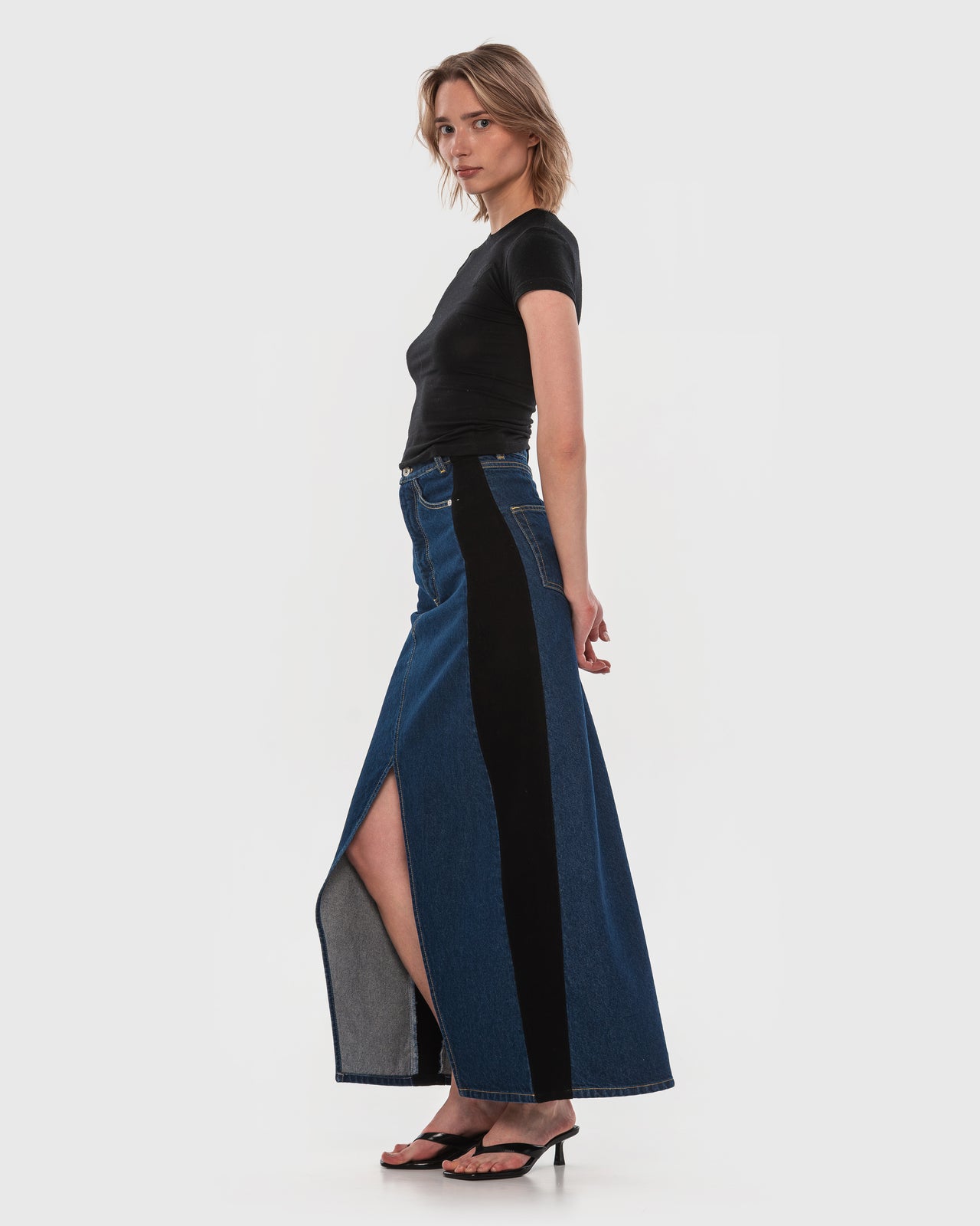 Buy Denim Maxi Skirt with Contrast Side Lines – Bottoms by Ksenia Schnaider | Ethical & Sustainable Fashion