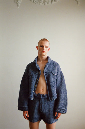 Buy Hand Knitted Denim Jacket – Outerwear by Ksenia Schnaider | Ethical & Sustainable Fashion