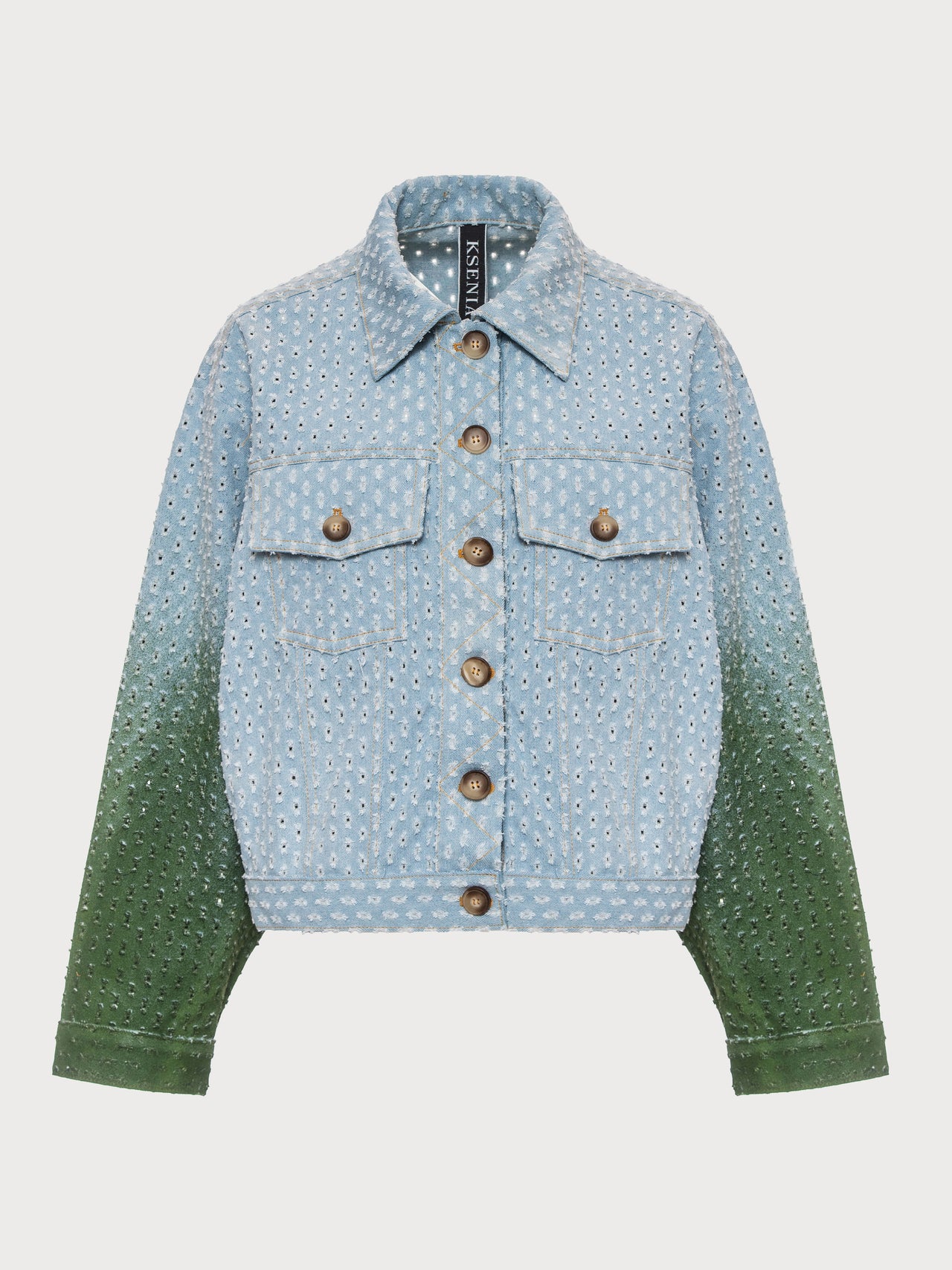 Buy Perforated Denim Jacket with Green Gradient – Outerwear by Ksenia Schnaider | Ethical & Sustainable Fashion