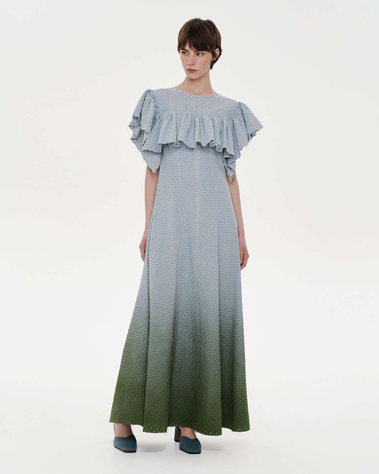 Buy Perforated Denim Dress with Green Gradient – Dresses by Ksenia Schnaider | Ethical & Sustainable Fashion