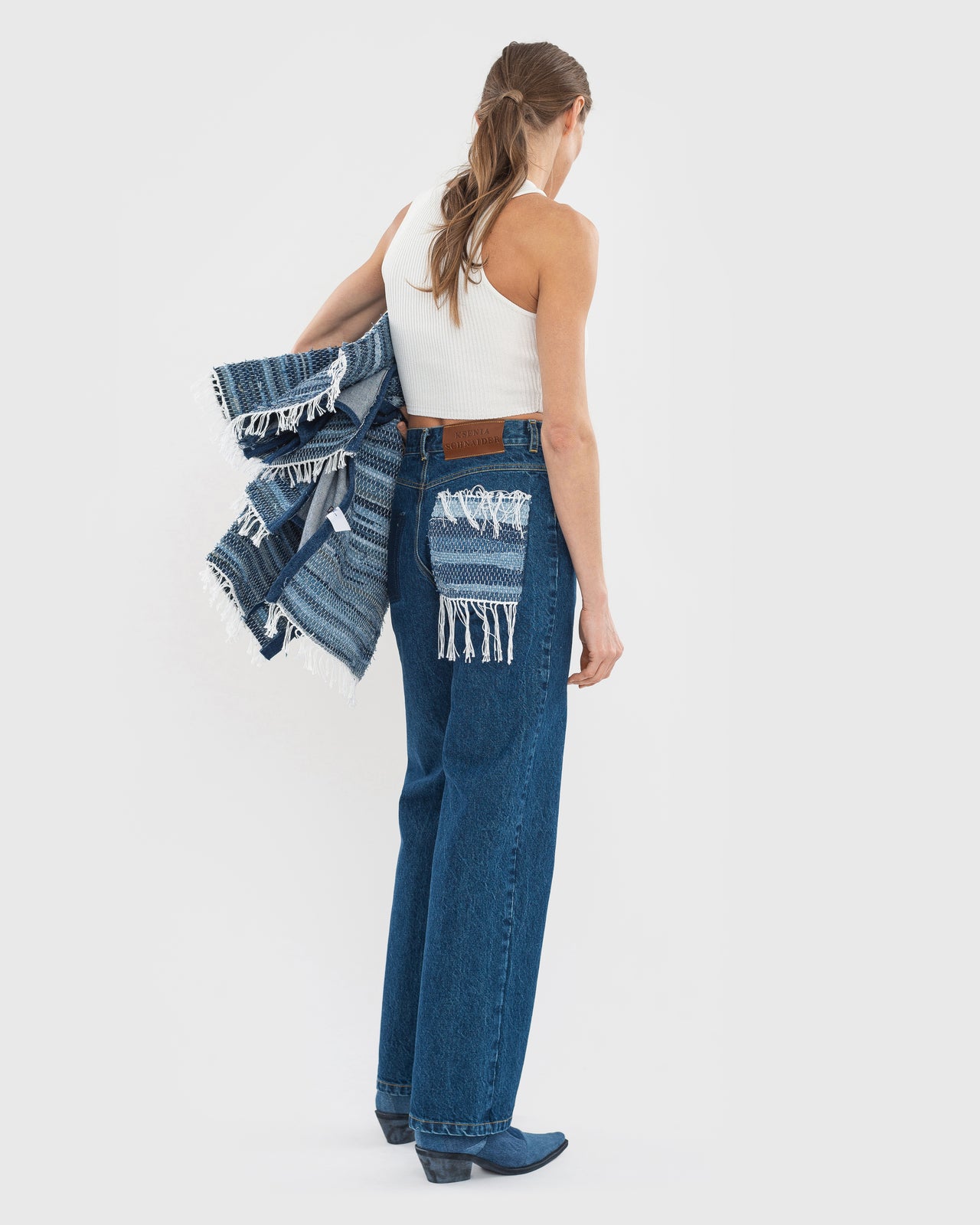 Buy Jeans with Denim Rug Detail – Bottoms by Ksenia Schnaider | Ethical & Sustainable Fashion