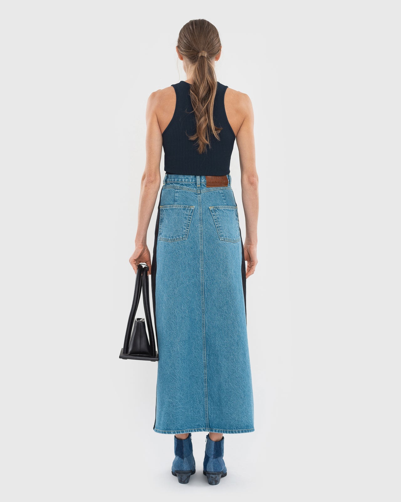 Buy Denim Maxi Skirt with Contrast Side Lines – Bottoms by Ksenia Schnaider | Ethical & Sustainable Fashion