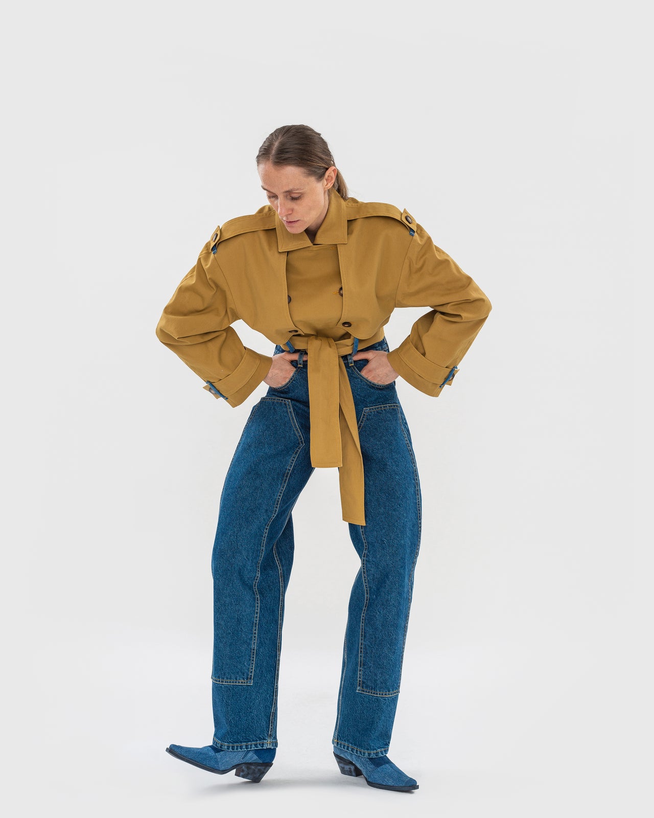 Buy Reworked Trench Jacket with Denim Back Detail – Outerwear by Ksenia Schnaider | Ethical & Sustainable Fashion