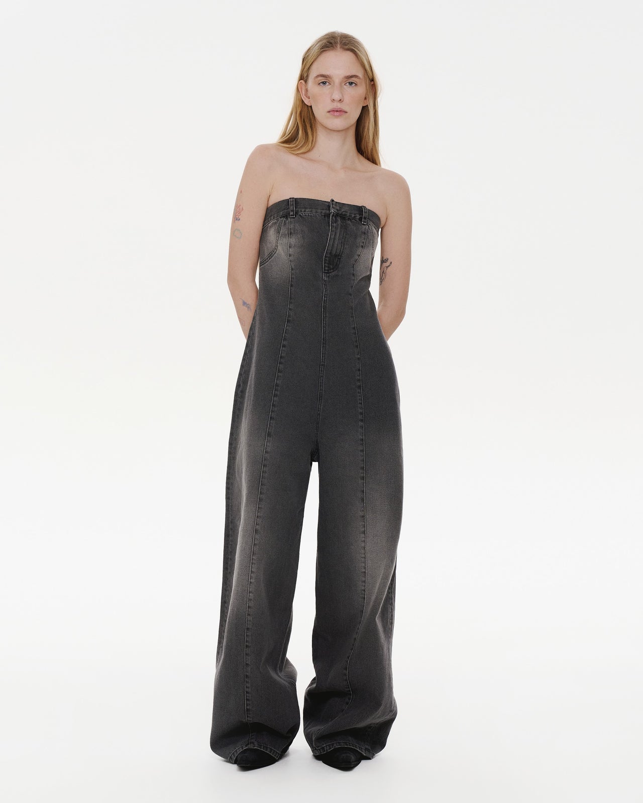 Buy Grey Denim Overall with Rust Wash – Bottoms by Ksenia Schnaider | Ethical & Sustainable Fashion